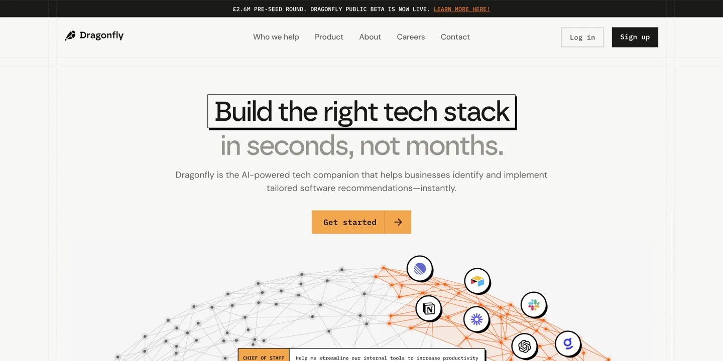 Dragonfly homepage: Build the right tech stack in seconds, not months.