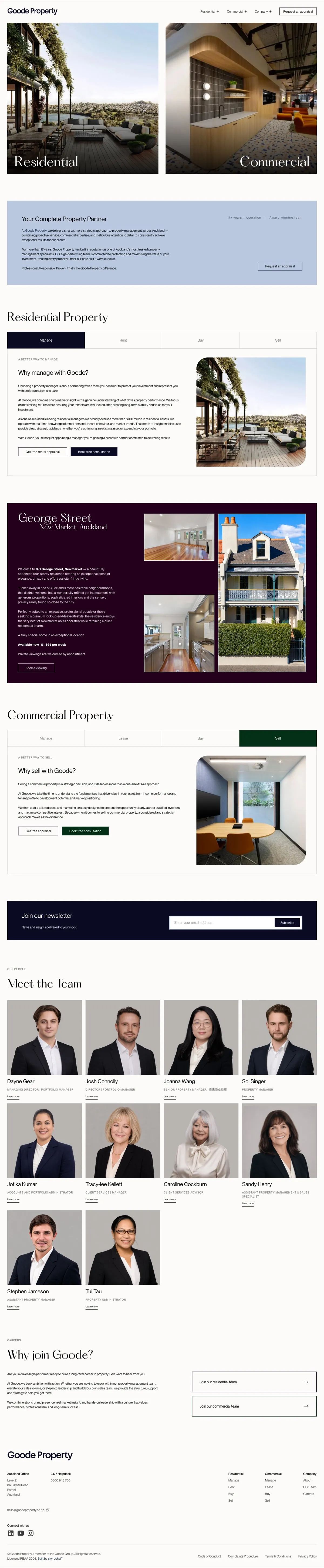 The goodeproperty.co.nz homepage from hero to footer.
