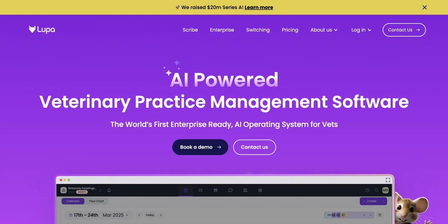 Lupa homepage: AI powered veterinary practice management software.