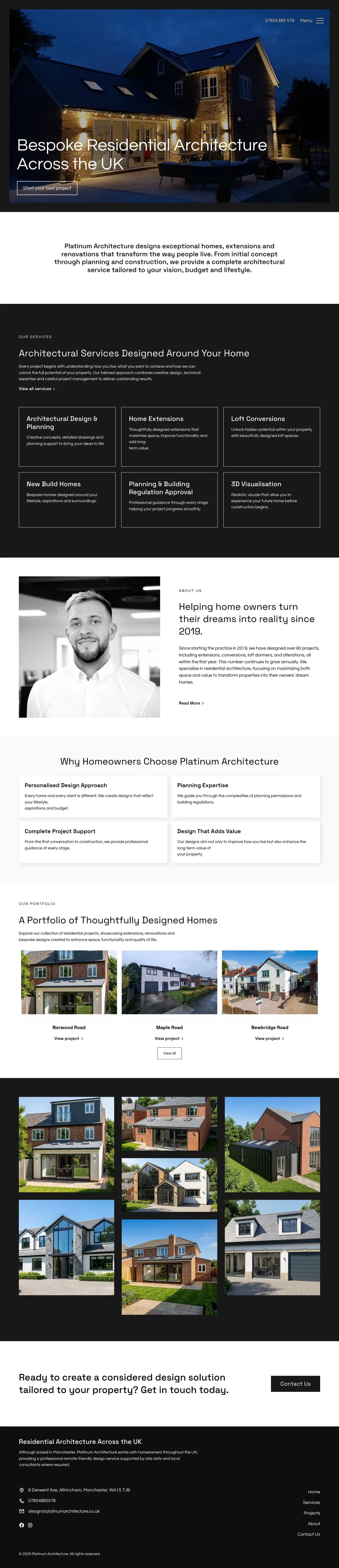 The platinumarchitecture.co.uk homepage from hero to footer.